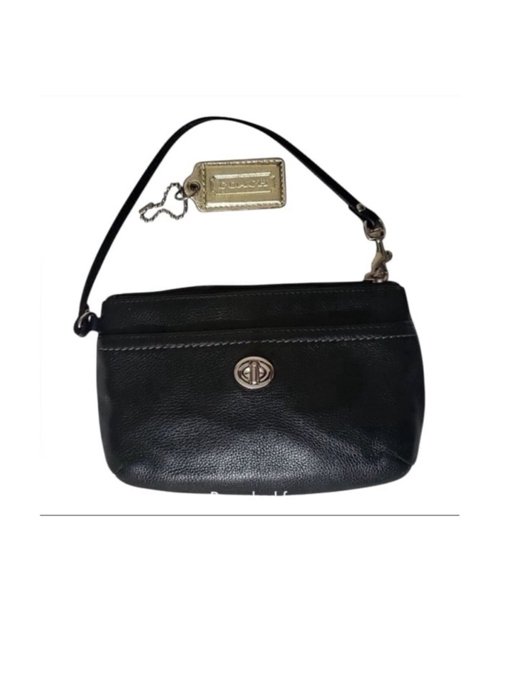 Coach Park Black Leather Wristlet Turn Lock Green Satin Liner + silver hang tag